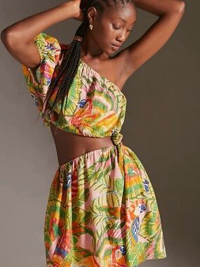 EUC FarmRio Tropical One-Shoulder Crop Dress - Multi